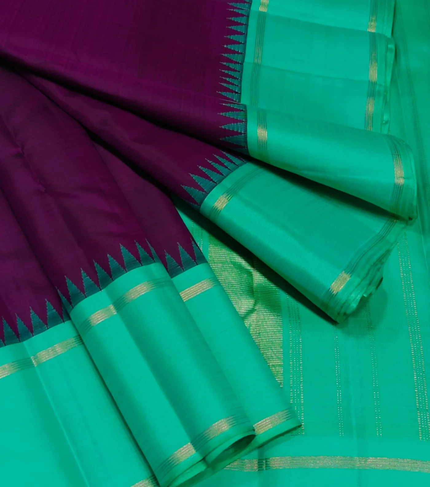 Royal Purple with Turquoise Blue Pure Kanchipuram Silk Saree with Contrast Korvai Temple Border